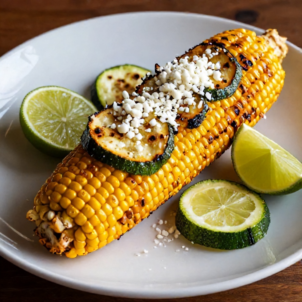 Plated serving of crispy Mexican street corn grilled zucchini with lime and cotija cheese