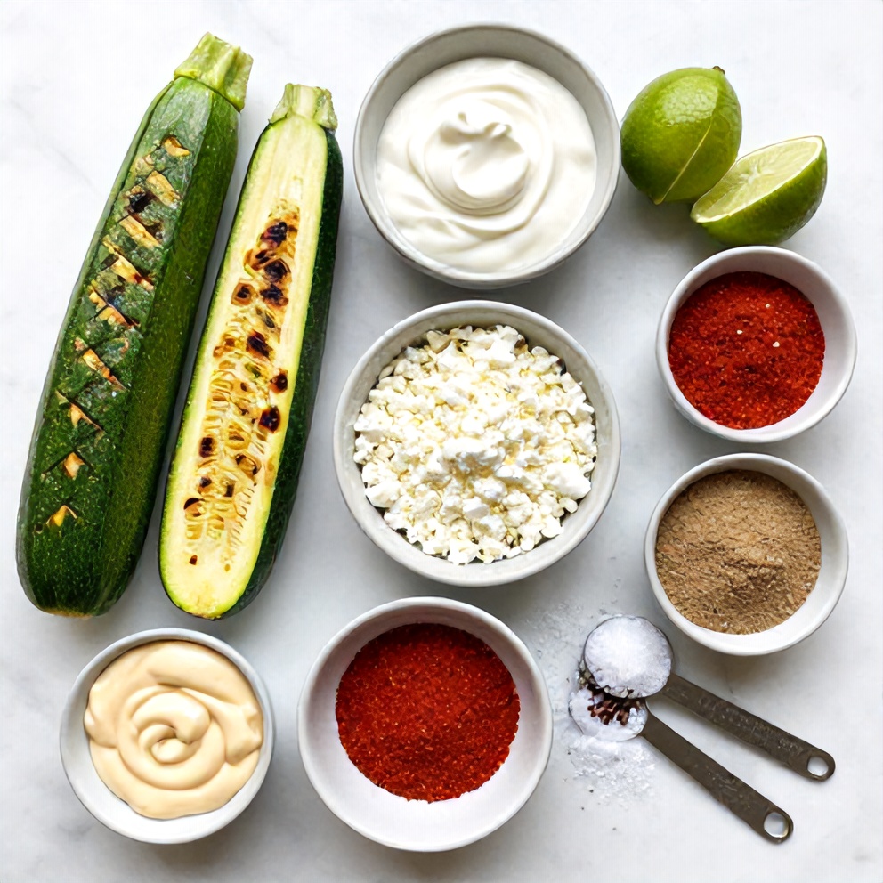 Raw ingredients for Mexican street corn grilled zucchini on a marble surface