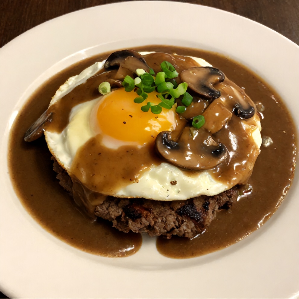 Plated Hawaiian Loco Moco with Mushroom Gravy