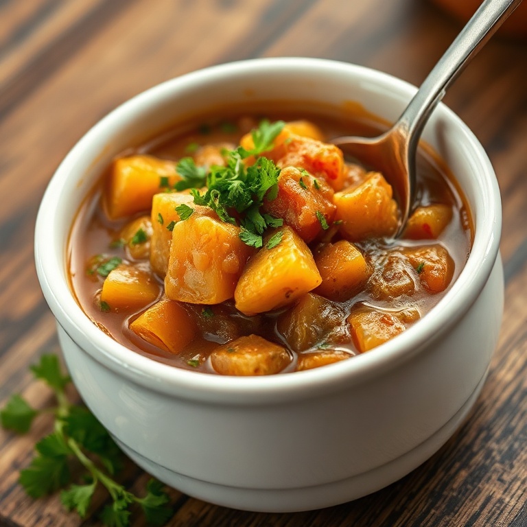 One serving of hearty Irish vegetarian stew topped with fresh parsley in a white ceramic bowl, rich broth and chunky veggies visible.
