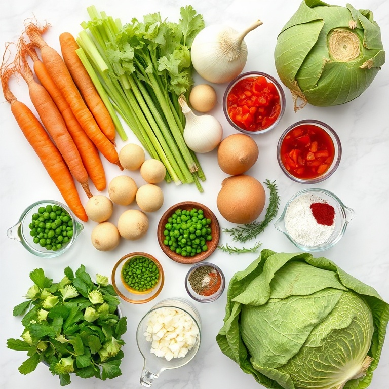 All raw ingredients for hearty Irish vegetarian stew flat lay, carrots, potatoes, parsnips, celery, and onion as the most prominent.