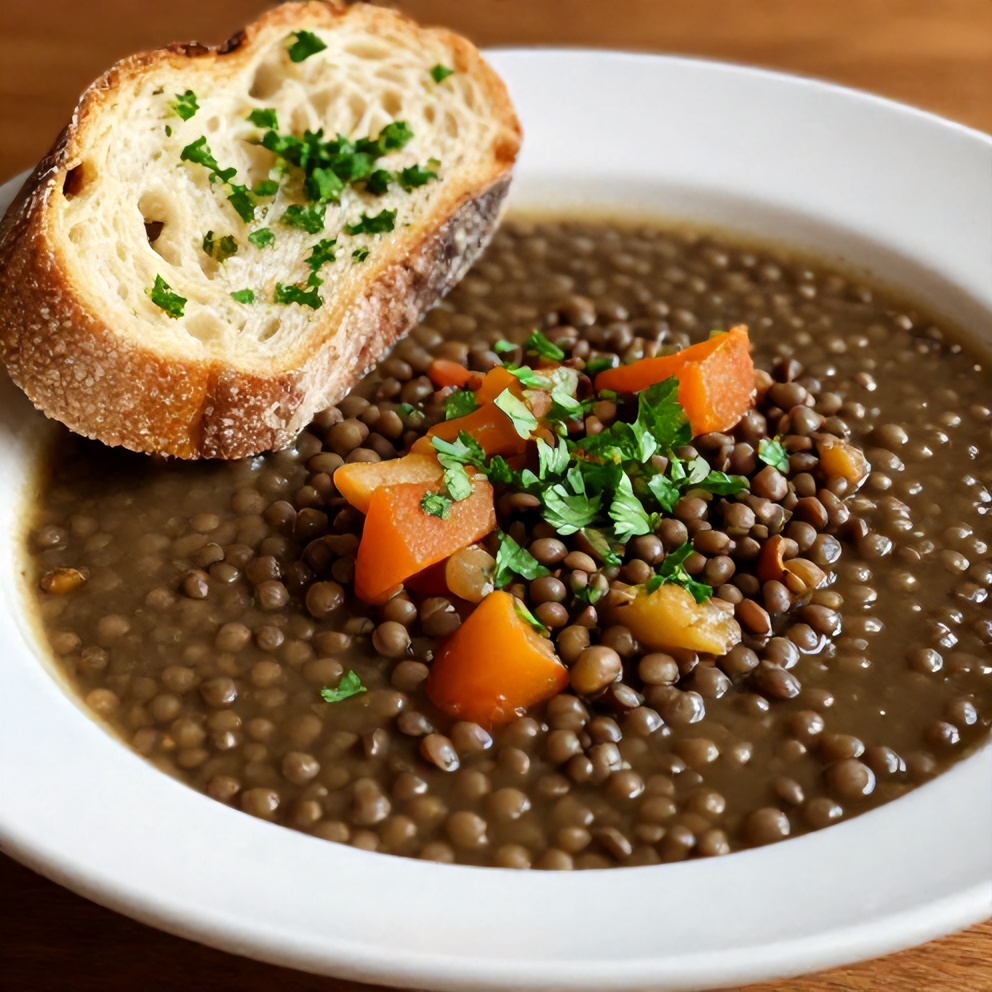 Bowl of lentil and vegetable soup with crusty bread