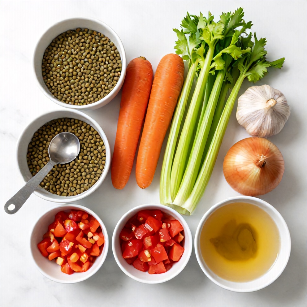 Ingredients for lentil and vegetable soup laid out