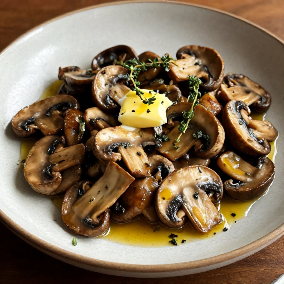 One perfect plated serving of herb butter sautéed mushrooms on a rustic plate, garnished with fresh thyme and a drizzle of melted butter