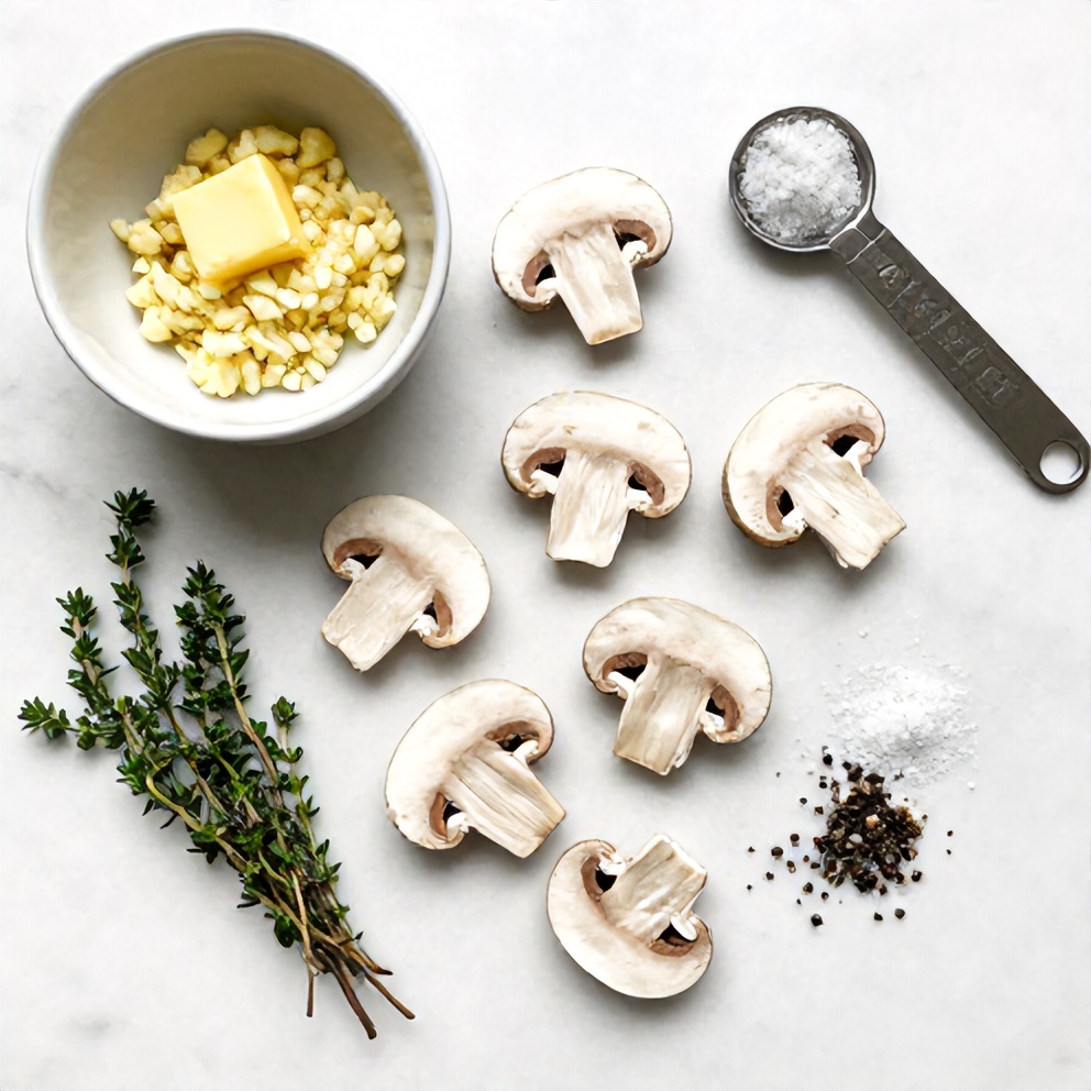 Overhead flat lay of sliced mushrooms, minced garlic, butter, fresh thyme, salt, and pepper, arranged on a white marble surface with bright even light