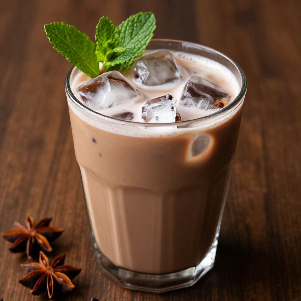 Hibiscus cardamom iced latte poured over ice in a glass