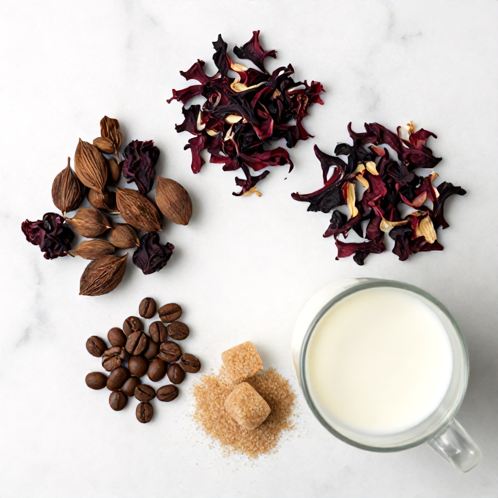 Hibiscus flowers, cardamom pods, coffee beans, sugar, and milk arranged on a wooden surface