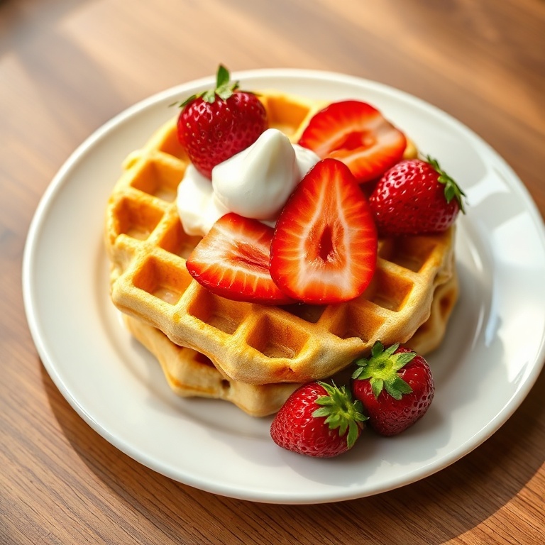 Perfectly plated high protein cottage cheese waffles topped with fresh strawberries and a dollop of yogurt. White ceramic plate with warm side lighting.