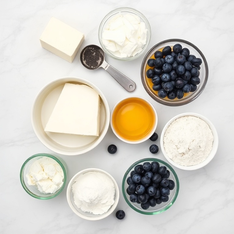 Raw ingredients for high protein cottage cheese waffles arranged in an overhead flat lay. Cottage cheese, eggs, almond flour, baking powder, and blueberries visible.