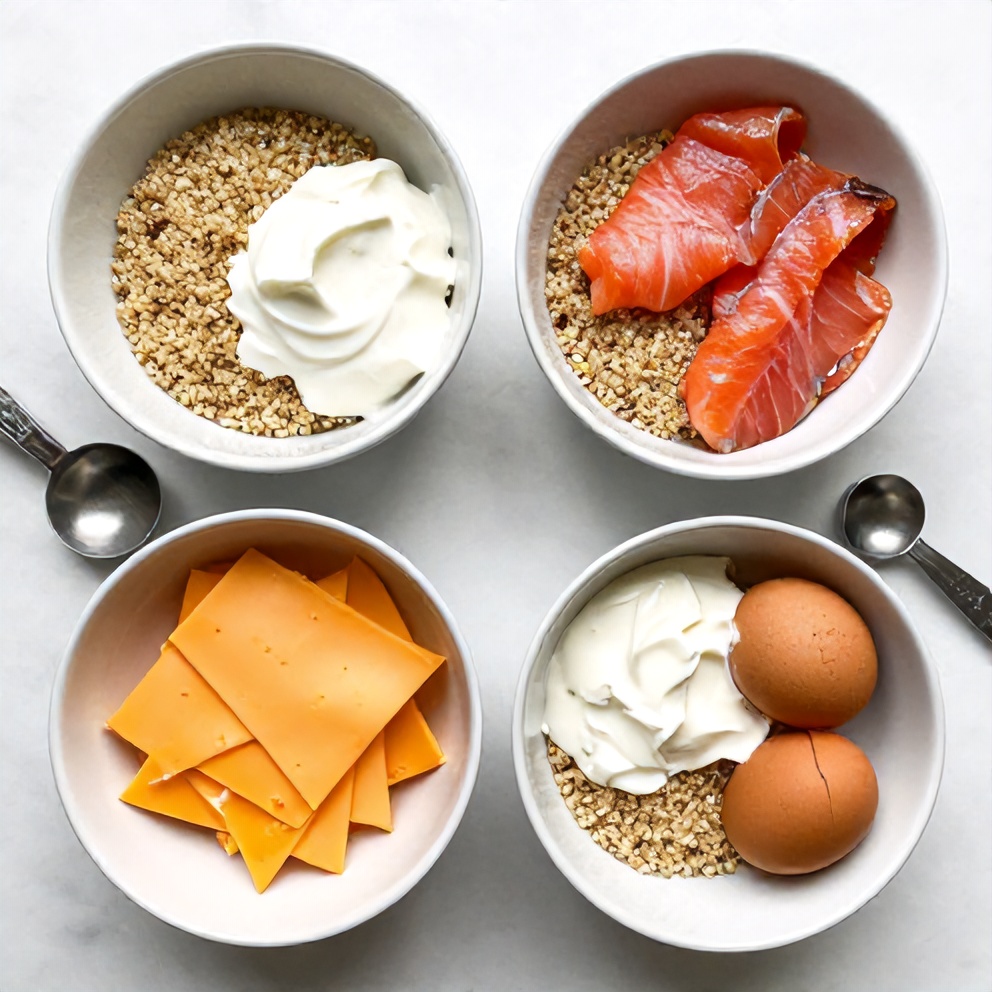 Raw ingredients for high protein smoked salmon quinoa breakfast bowls