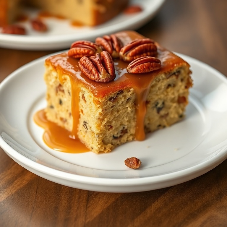 A slice of butter pecan cake with salted caramel sauce. Sprinkled with pecans. On a white ceramic plate.