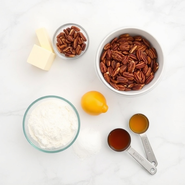 Raw ingredients for butter pecan cake: butter, pecans, flour, sugar, eggs, vanilla. Measuring bowls and spoons on a white marble surface.