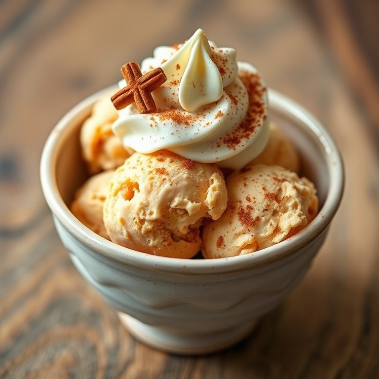 Carrot cake ice cream in a ceramic bowl. Topped with a cinnamon sprinkle and a swirl of奶油. Warm lighting highlights the texture.