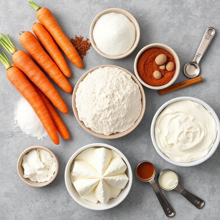 Raw ingredients for carrot cake ice cream: carrots, flour, cinnamon, sugar, and cream cheese arranged in a flat lay. Measuring cups and spoons nearby.