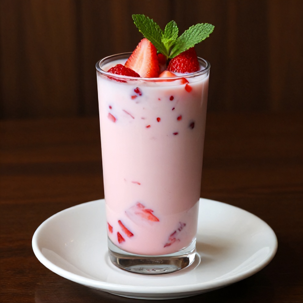 One perfect serving of homemade Korean strawberry milk in a tall clear glass, topped with diced strawberries and a fresh mint sprig.