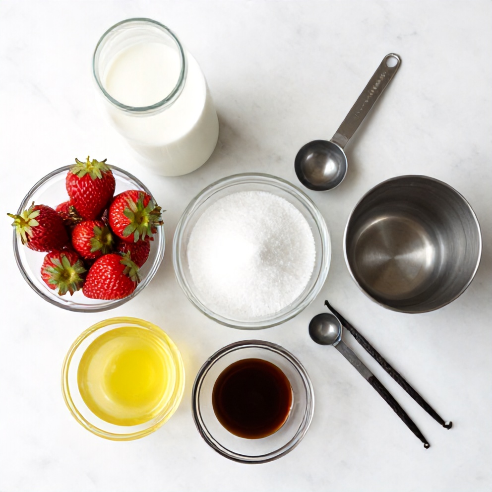 All raw ingredients for homemade Korean strawberry milk, featuring fresh strawberries, milk, sugar, lemon, and vanilla arranged neatly with prep bowls and measuring spoons.