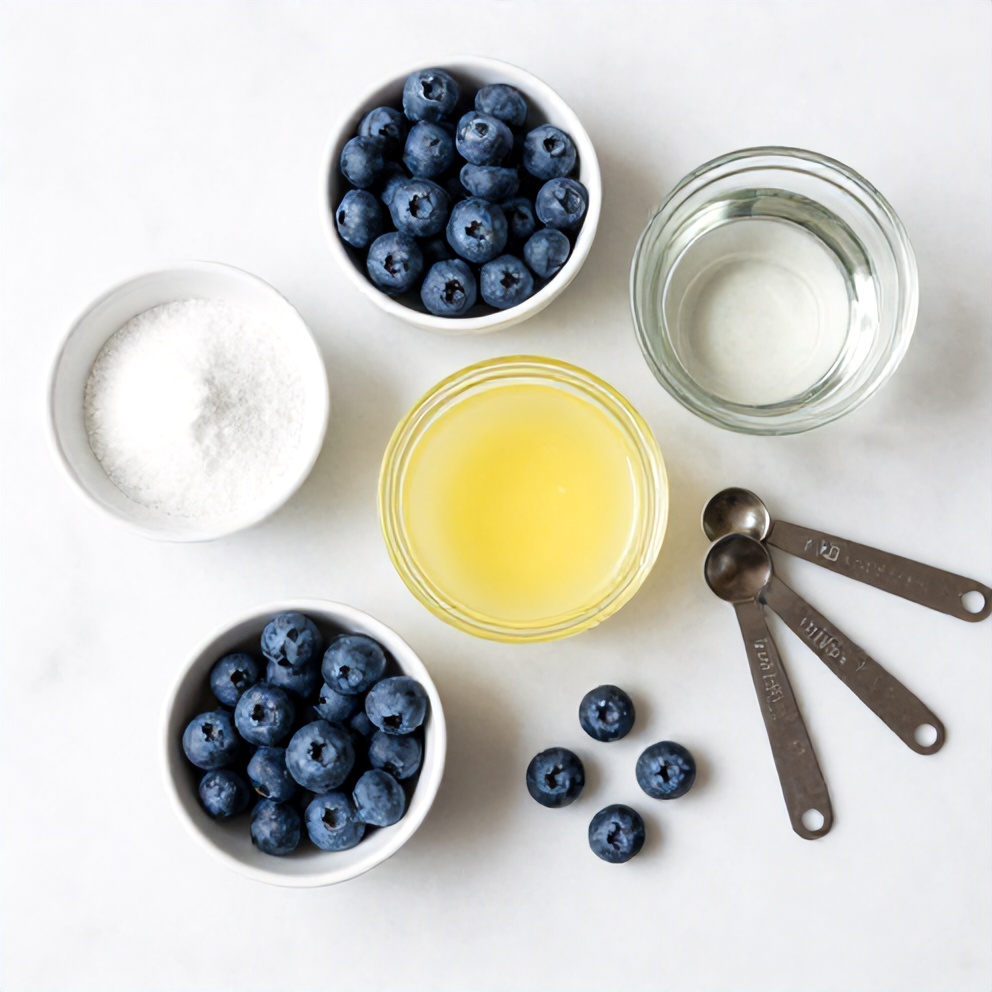 Blueberries, lemon juice, water, and sweetener on a wooden surface