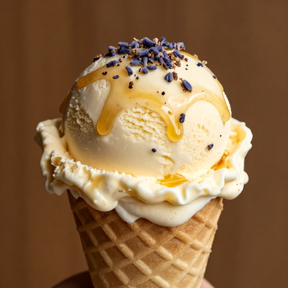 Scoop of honey lavender ice cream on a cone