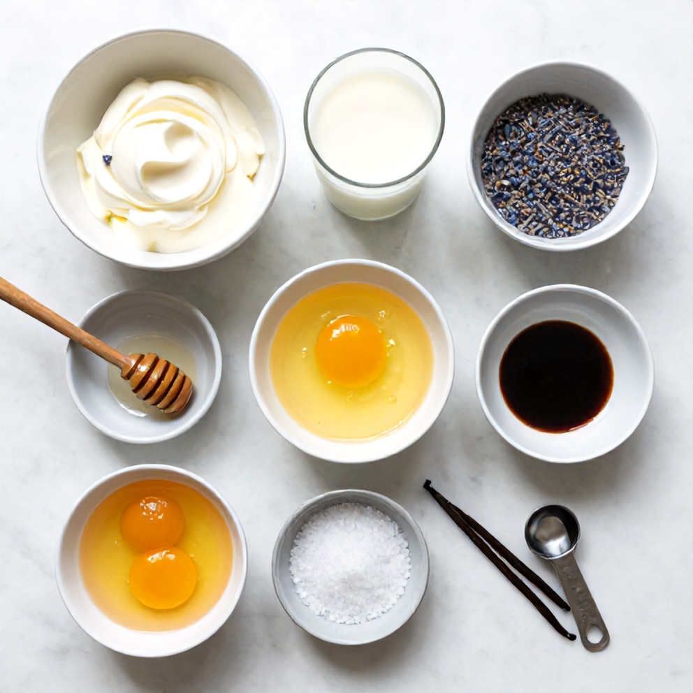 Raw ingredients for honey lavender ice cream on a marble surface