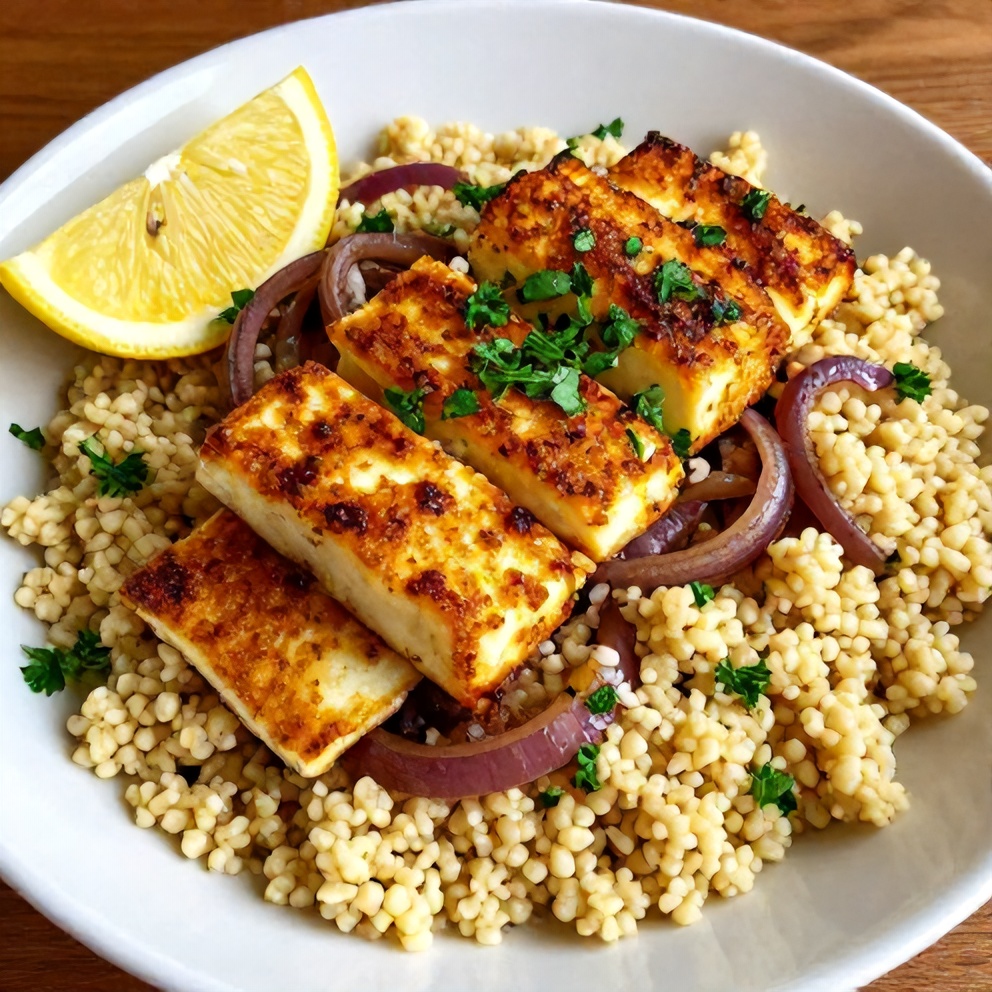 Plated serving of Hot Honey Halloumi Couscous Salad