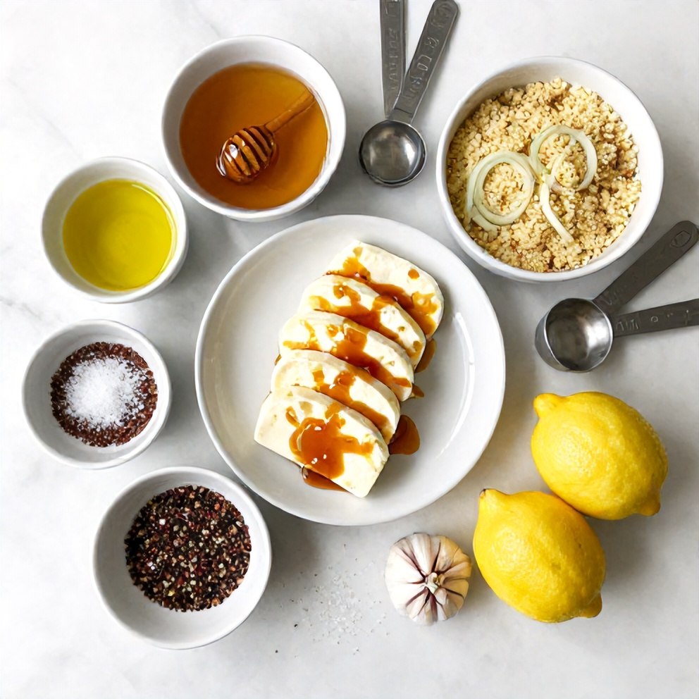 Raw ingredients for Hot Honey Halloumi Couscous Salad
