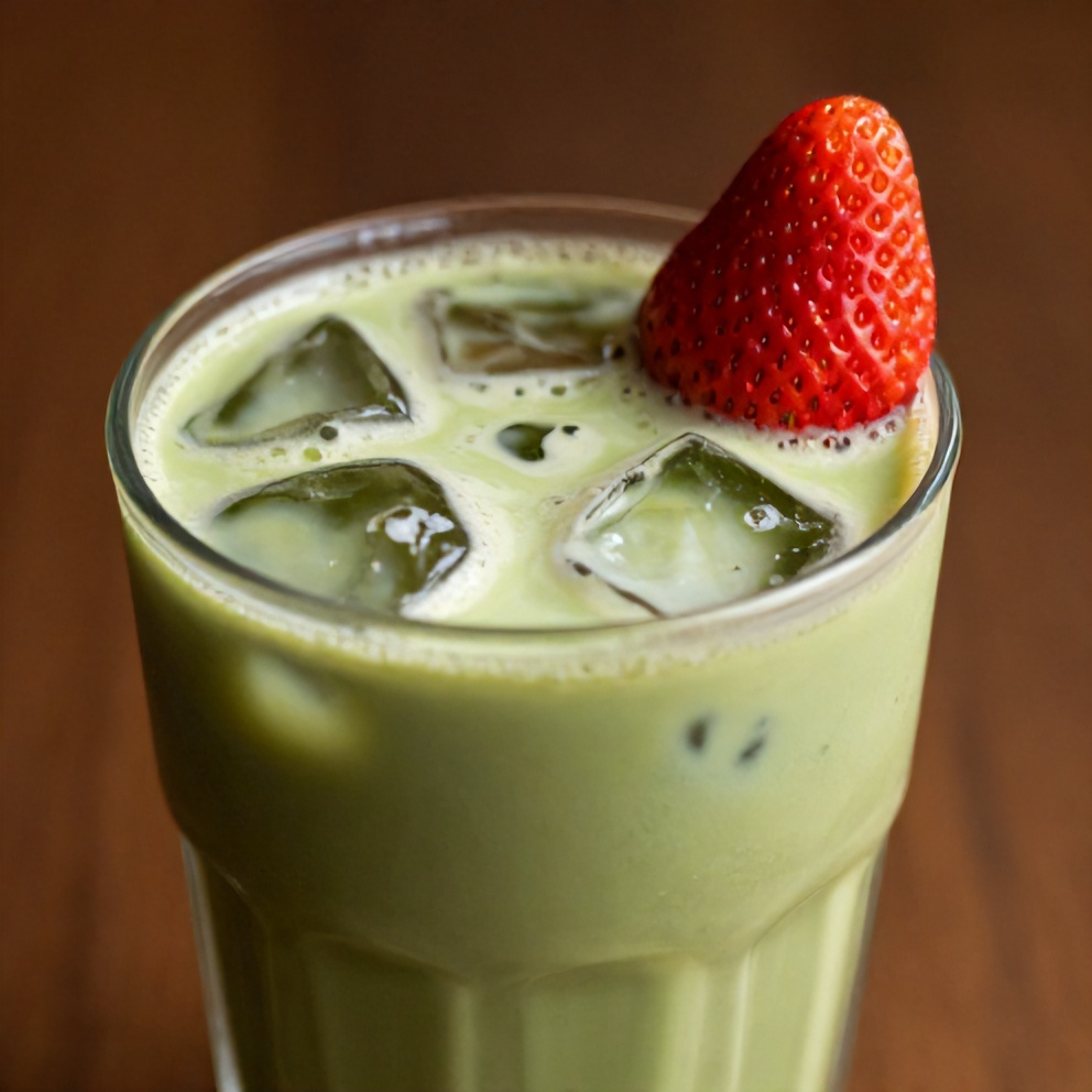 Iced Matcha Strawberry Latte in a glass with ice and a strawberry garnish
