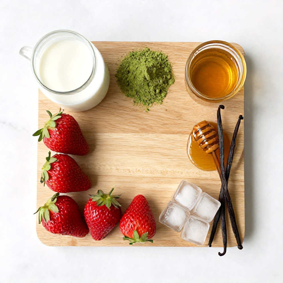Matcha powder, fresh strawberries, milk, honey, vanilla extract, and ice arranged on a wooden surface