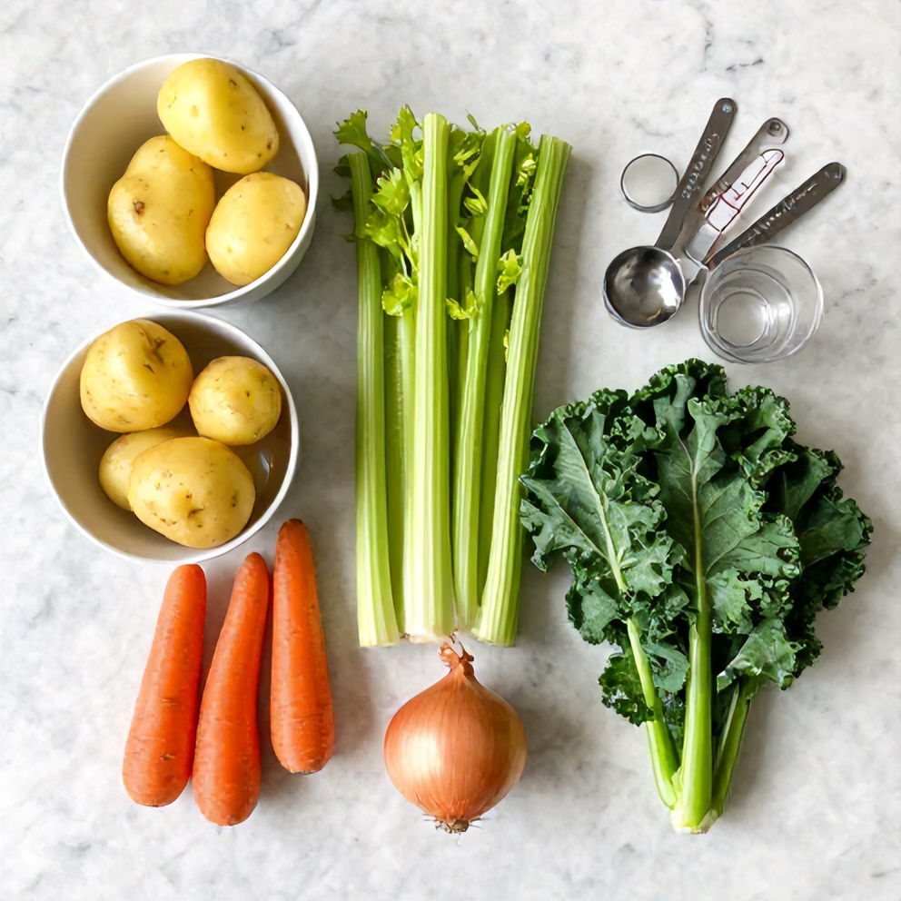 Ingredients for Irish Vegetarian Stew on a marble counter