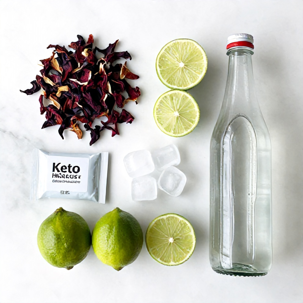Hibiscus flowers, lime, stevia, ice, and sparkling water on a wooden surface