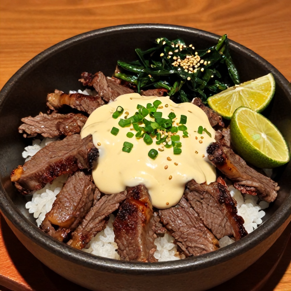 Korean BBQ Steak Rice Bowl with Spicy Cream Sauce