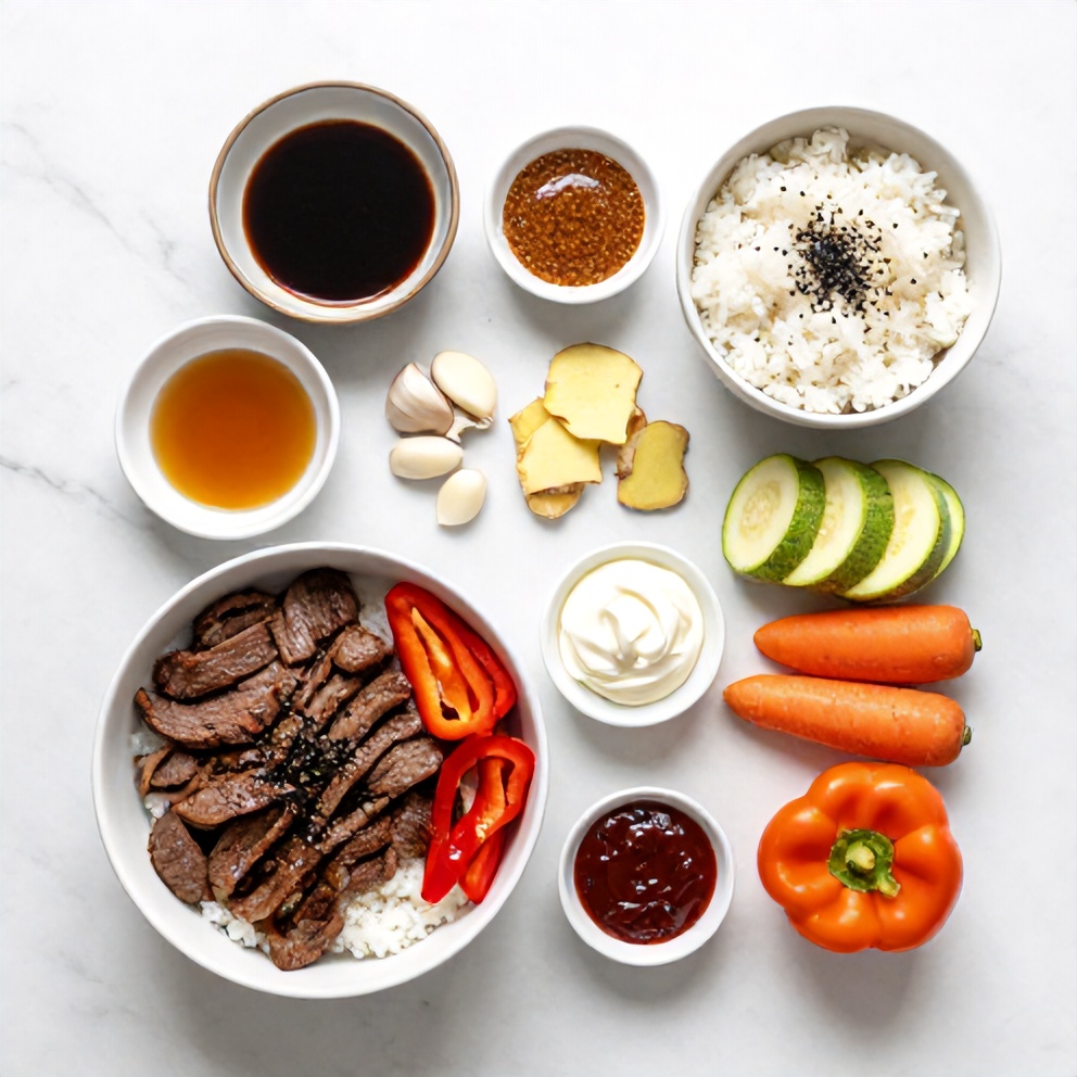 Raw Ingredients for Korean BBQ Steak Rice Bowl