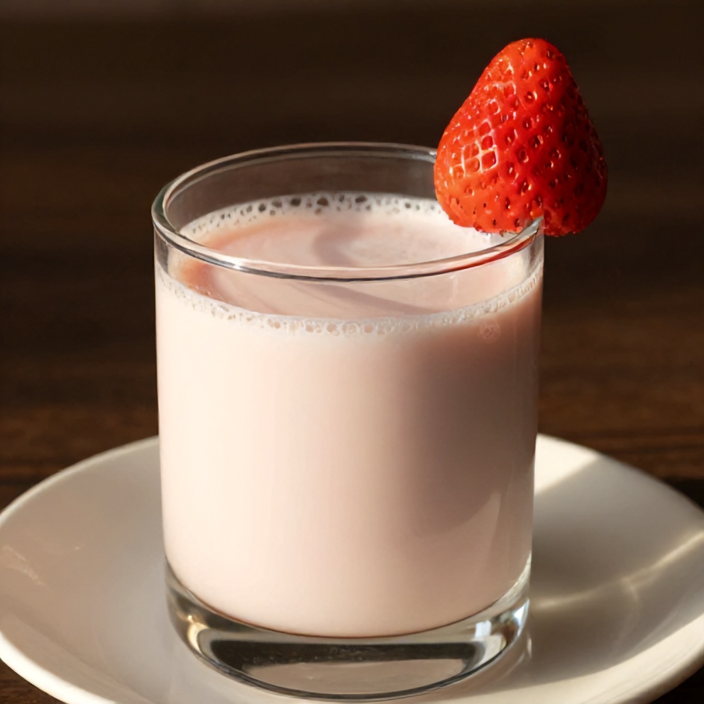 A glass of Korean strawberry milk with a strawberry garnish