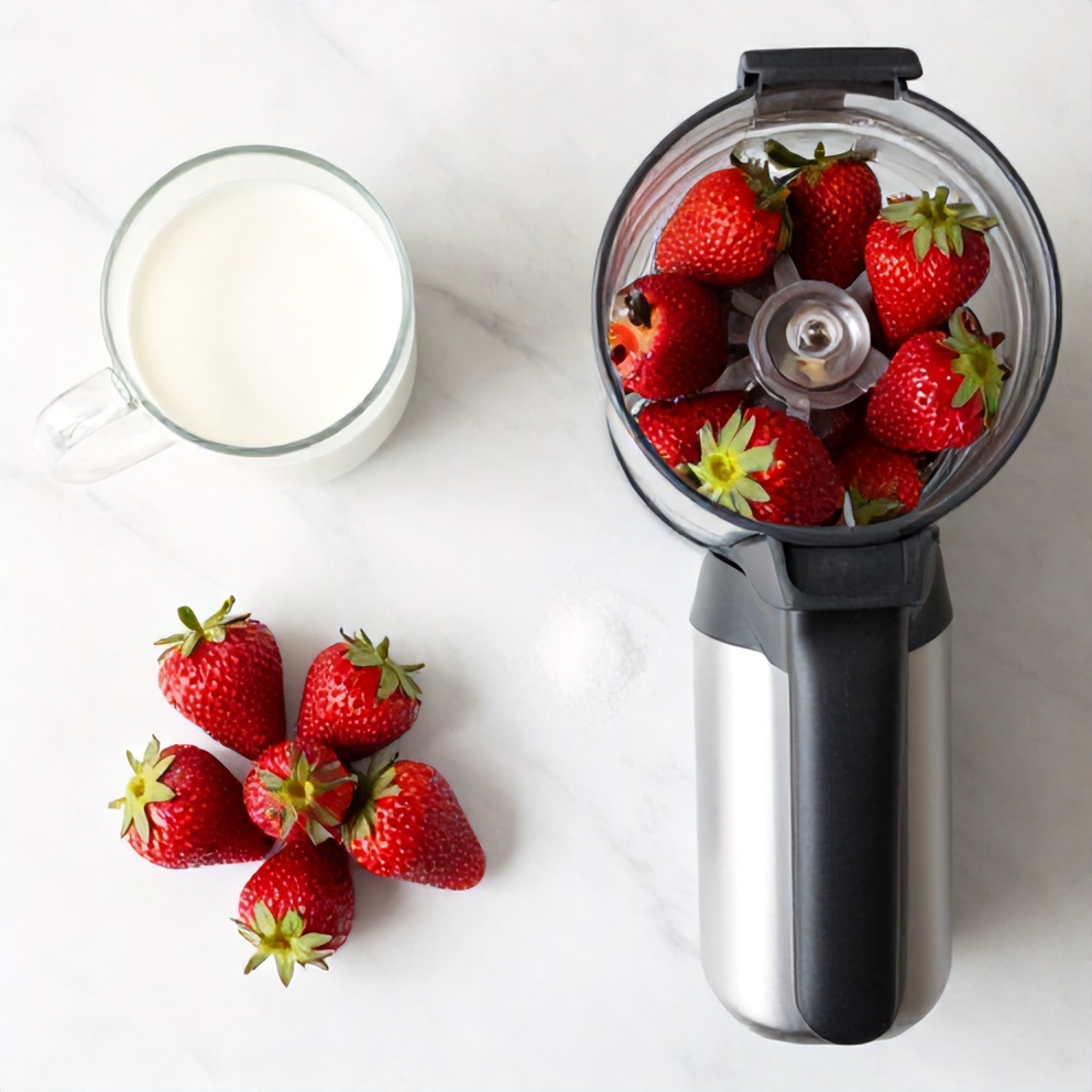 Strawberries, milk, sugar, and a blender on a wooden surface