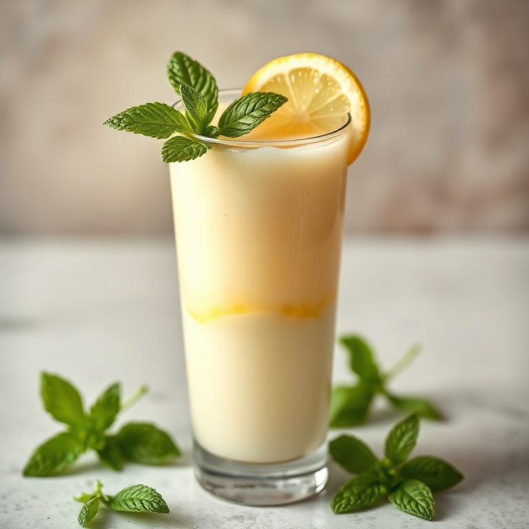 A single serving of lemon creamade in a tall glass. Garnished with a mint leaf and lemon slice. Clear glass showing the creamy texture.