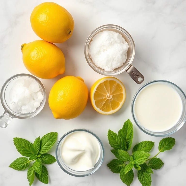 Raw ingredients for lemon creamade: lemons, sugar, cream, ice, and mint. Measuring cups and bowls nearby on a white marble surface.