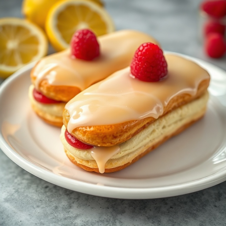 Lemon Raspberry Eclairs on a white plate with a raspberry garnish. Close crop showing texture and glaze.