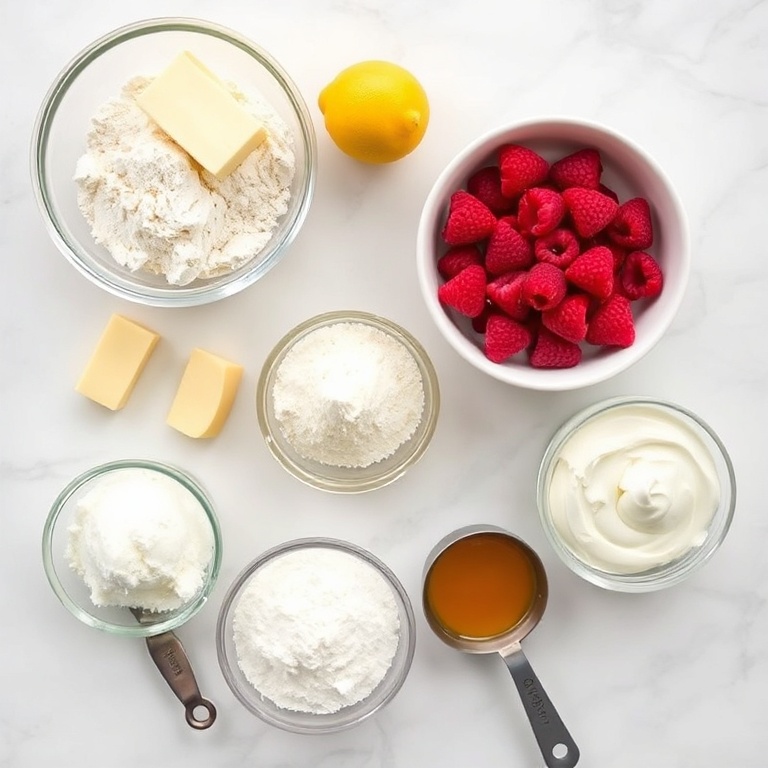 Lemon Raspberry Eclairs ingredients: flour, butter, eggs, lemon zest, raspberries, powdered sugar, vanilla extract, and cream.