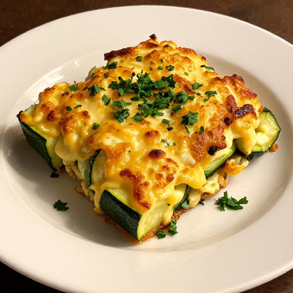 Plated serving of low carb cheesy zucchini bake with fresh parsley garnish