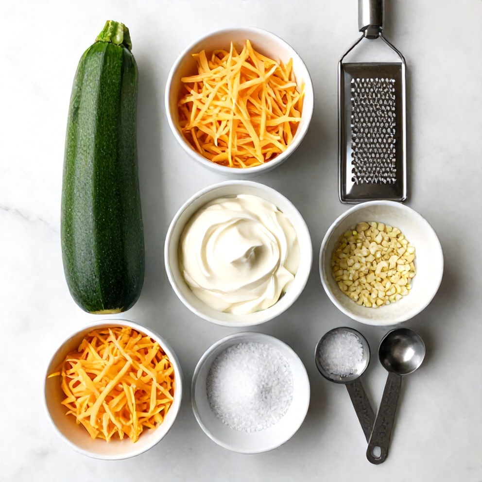 Raw ingredients for low carb cheesy zucchini bake: zucchini, cheese, cream, garlic, salt, pepper