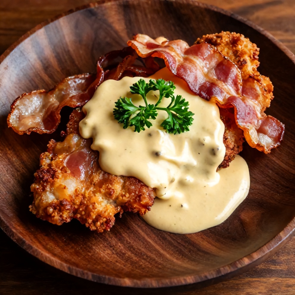 Plated maple bacon pork chops with creamy Dijon mustard sauce