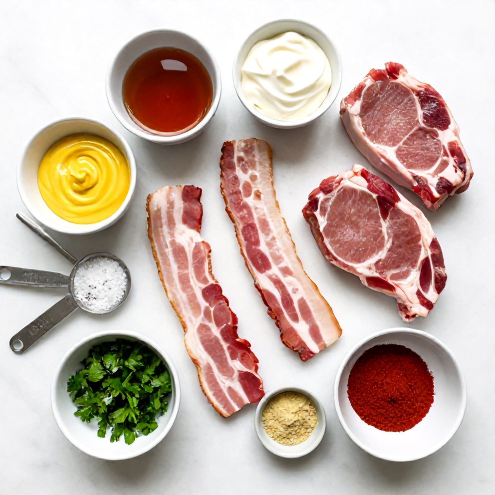 Raw ingredients for maple bacon pork chops