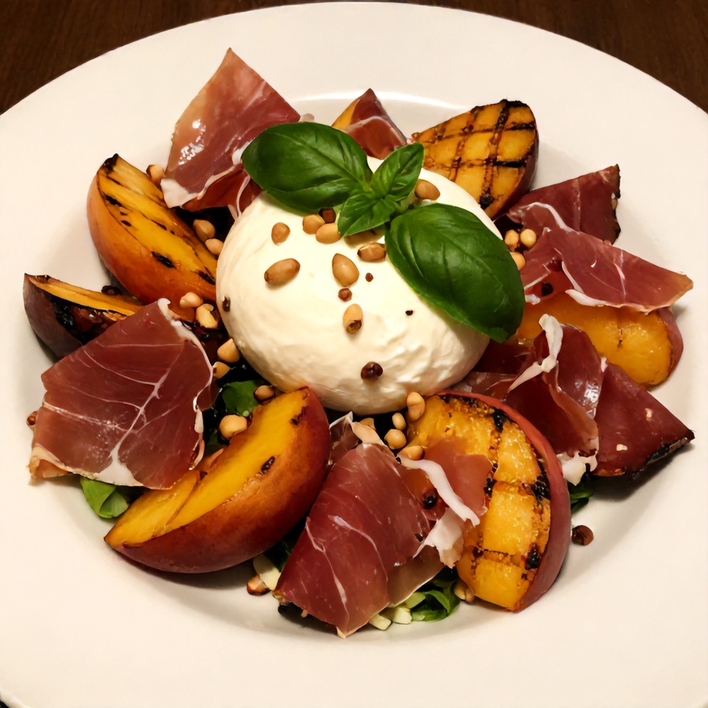 Mediterranean Grilled Peach and Prosciutto Salad with Burrata
