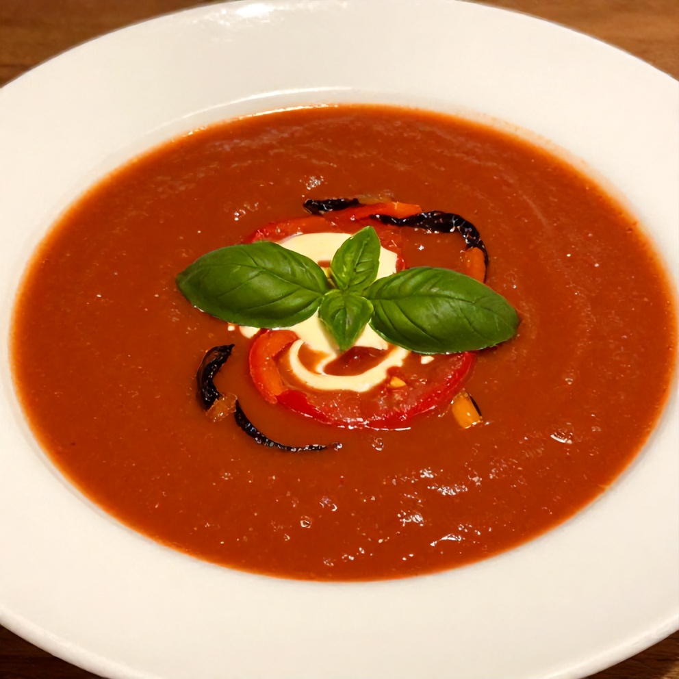One perfect serving of Mediterranean Tomato and Roasted Pepper Soup plated on a white dish, close crop, warm side lighting, fresh basil garnish, no text or watermark.