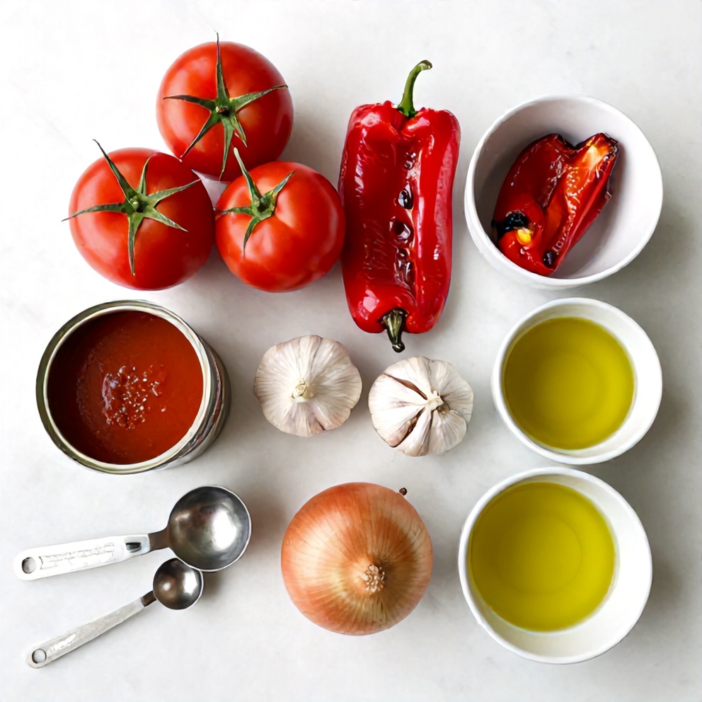 Raw ingredients for Mediterranean Tomato and Roasted Pepper Soup arranged overhead, including canned tomatoes, roasted peppers, garlic, onion, olive oil, bright even natural light, white marble surface, measuring spoons and prep bowls visible.