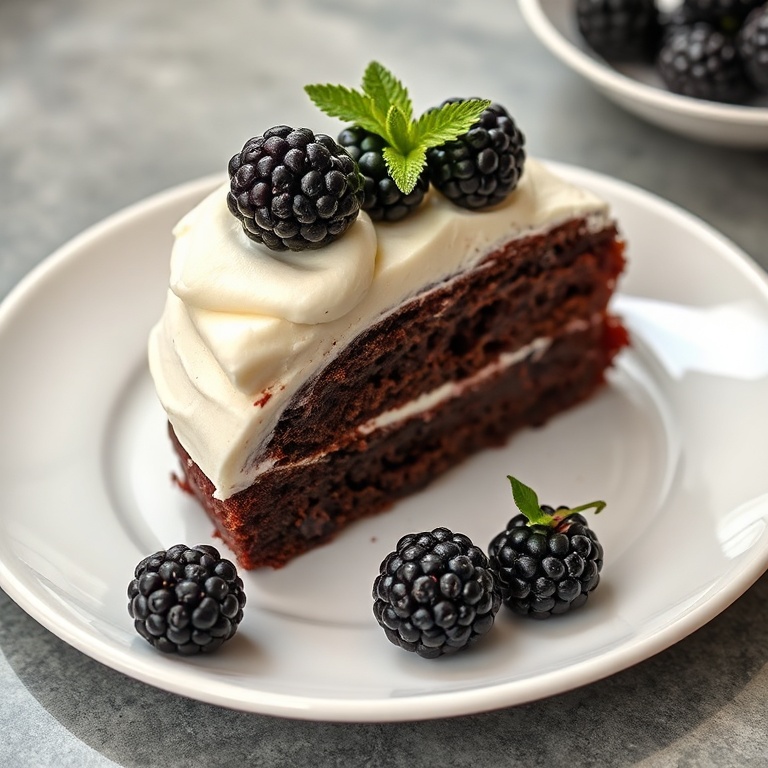 A slice of moist blackberry chocolate cake with cream cheese frosting. Garnished with fresh blackberries on a white porcelain plate. Warm side lighting highlights the texture.