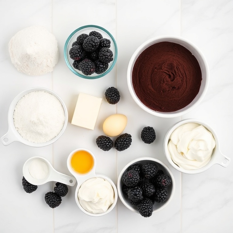 Raw ingredients for moist blackberry chocolate cake: flour, sugar, cocoa powder, blackberries, butter, eggs, milk, baking powder, cream cheese, and vanilla extract. Measuring cups and spoons visible.