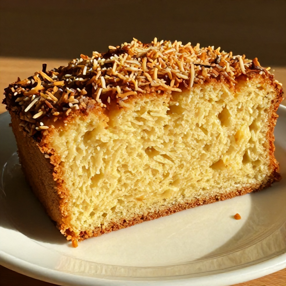 Single thick slice of moist pineapple coconut bread on a white plate, topped with toasted coconut, warm lighting highlights tender crumb.
