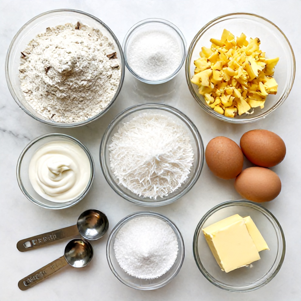 Overhead view showing flour, crushed pineapple, shredded coconut, eggs, and butter for moist pineapple coconut bread, on white marble with measuring cups.