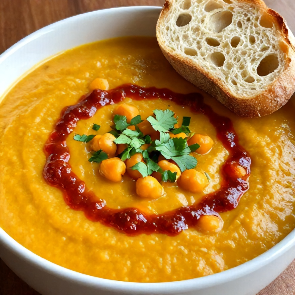 Bowl of Moroccan sweet potato and chickpea soup garnished with a drizzle of harissa, a sprinkle of chopped cilantro, and a slice of crusty bread