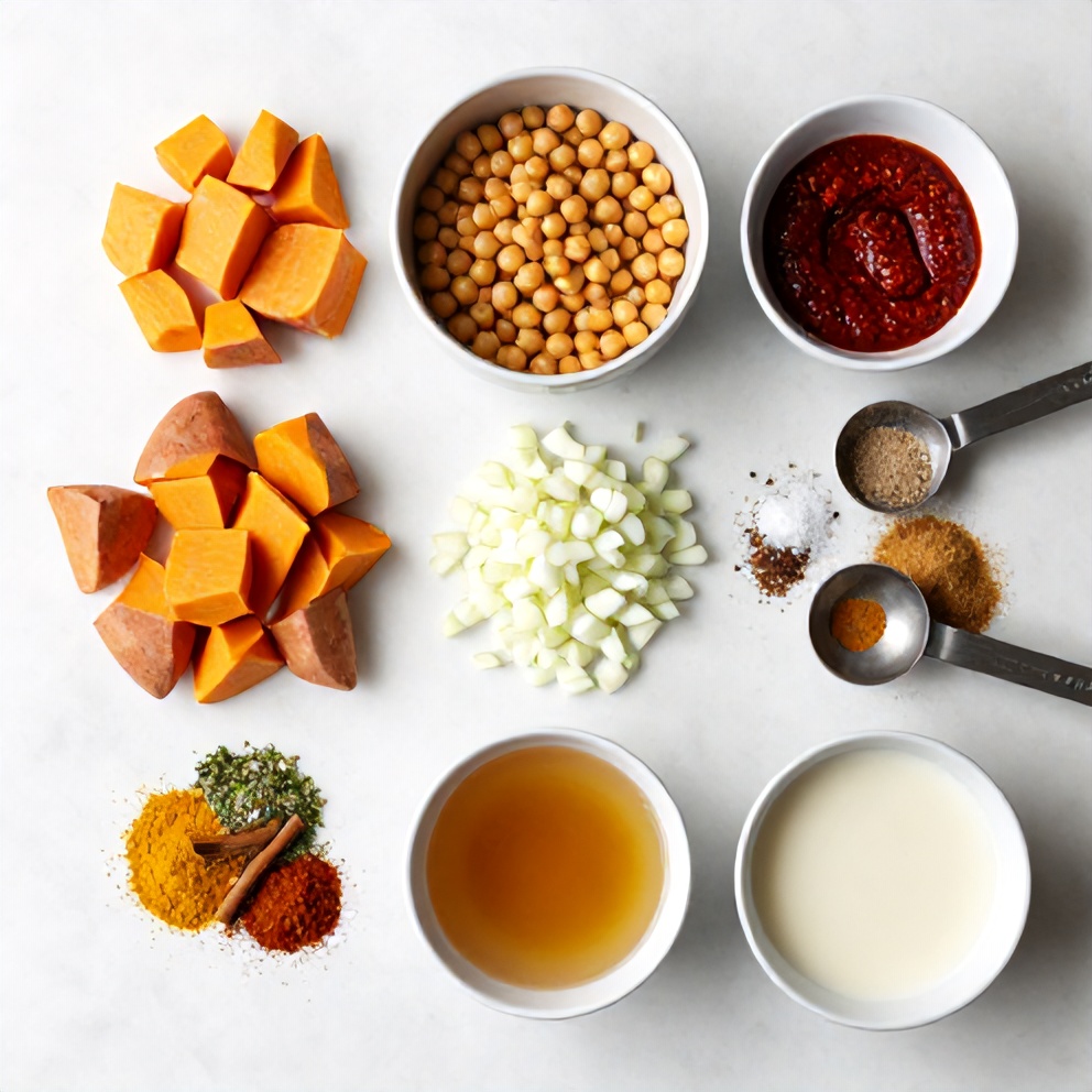 Ingredients for Moroccan sweet potato and chickpea soup: sweet potatoes, canned chickpeas, onion, garlic, ginger, spices, vegetable broth, and coconut milk